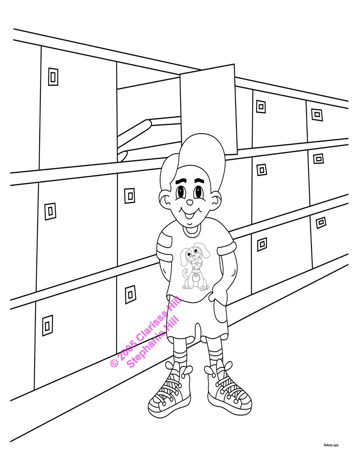 Little Boy in School by his locker, Learning is fun, books,