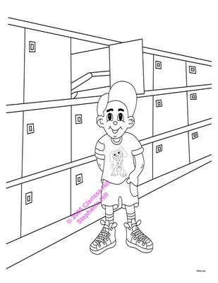 Little Boy in School by his locker, Learning is fun, books,