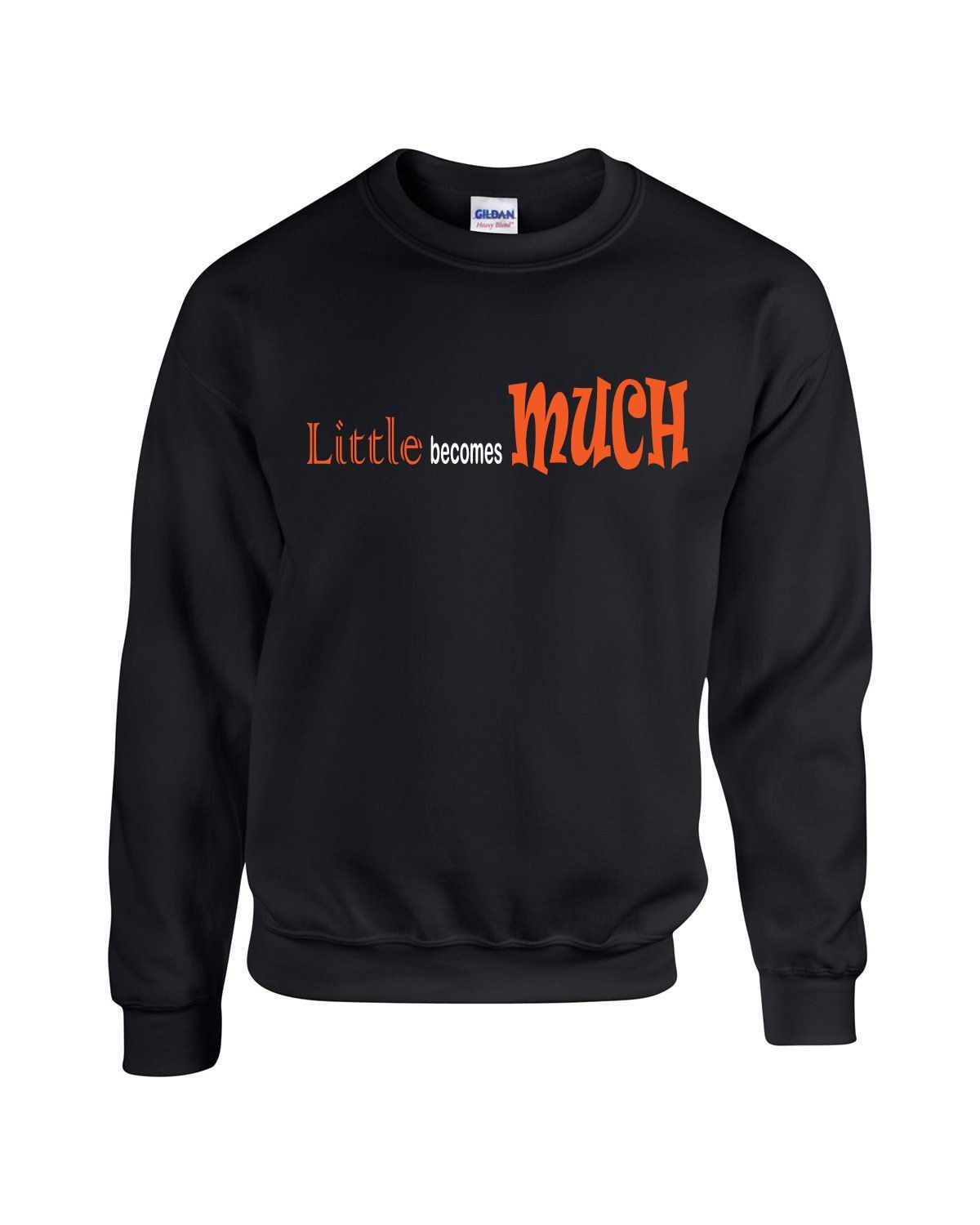 Little Becomes Much, Adult Medium Black sweatshirt with Bright orange & white