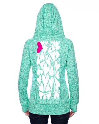 Ladies, Love- Valentine's Day heart hoodie Pink & Emerald, with purple or neon yellow hood inside, Womens, teens, girls, J America Ladies' Cosmic Contrast Fleece Hooded Sweatshirt,