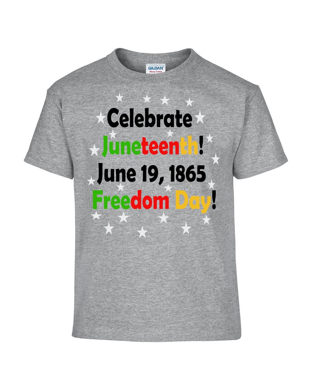 Celebrate Juneteenth t-shirt short sleeve crewneck cotton polyester Freedom day June 19, 1865 grey, kiwi