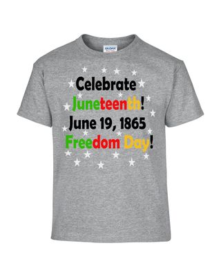 Celebrate Juneteenth t-shirt short sleeve crewneck cotton polyester Freedom day June 19, 1865 grey, kiwi