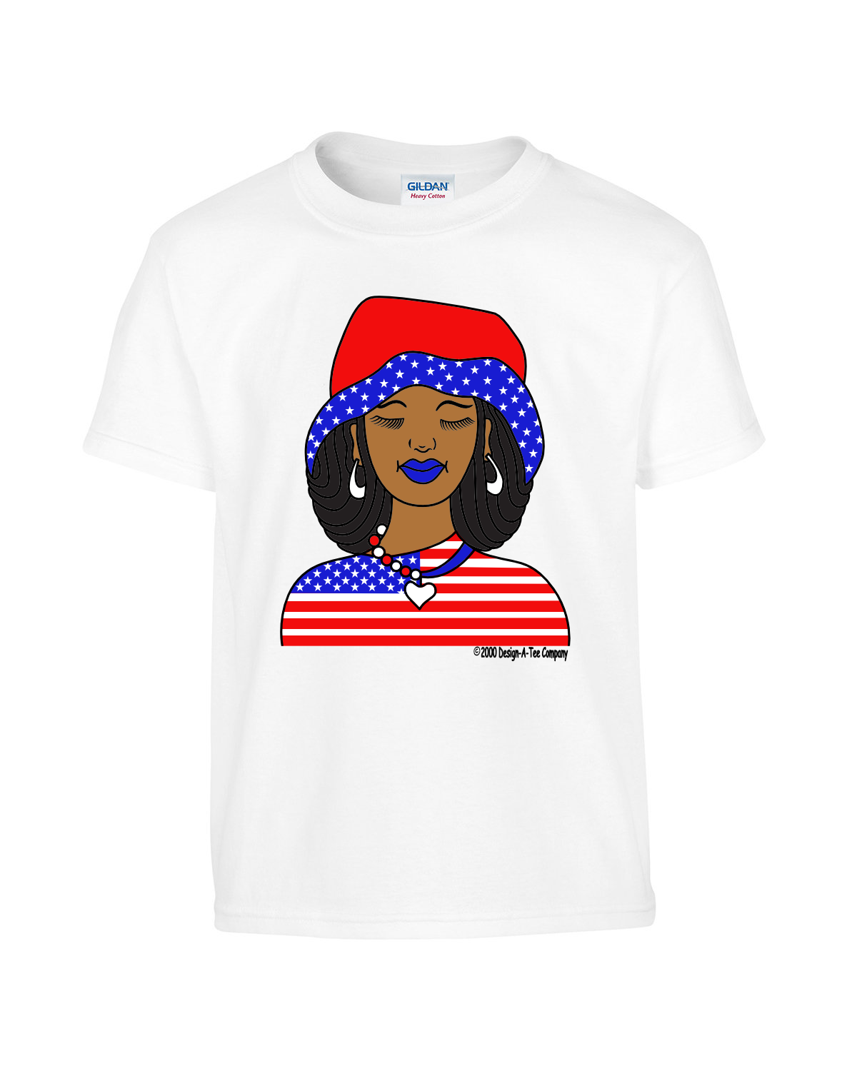 T-shirt, 4th of July, Girl with stars in her blue hat, white hoop earrings, red white & blue shirt
