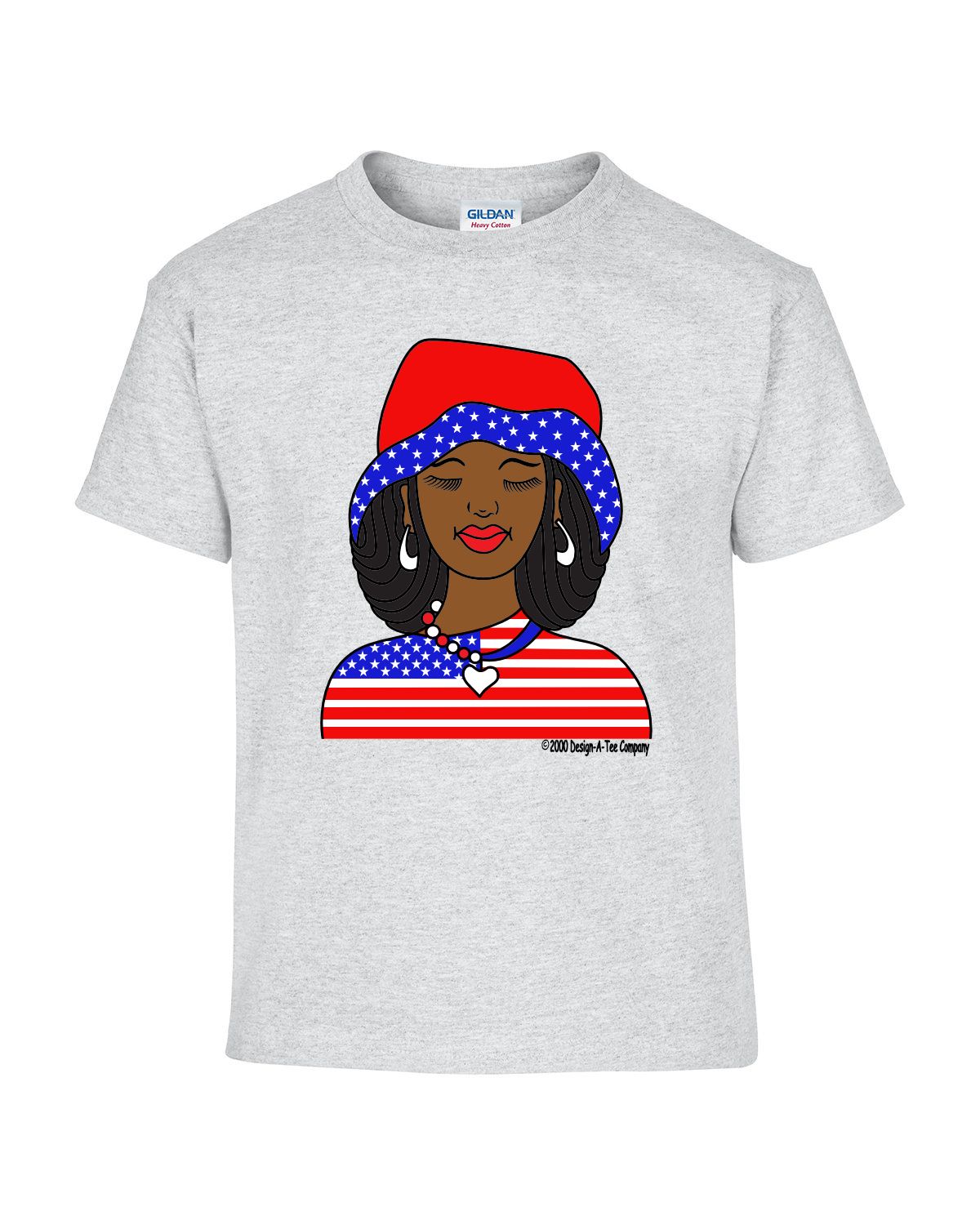 T-shirt, 4th of July, Girl with stars in her blue hat, white hoop earrings, red white & blue shirt