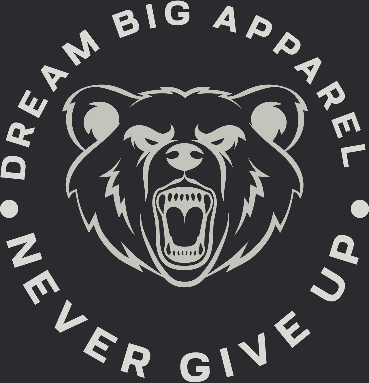 Dream Big Apparel, Never Give Up in White on Front of Black T-shirts