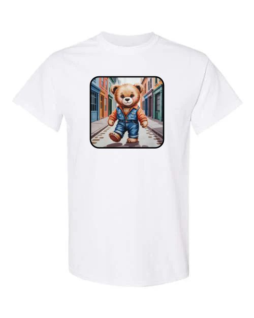 Teddy bear wearing a blue jean outfit with a chain that says teddy walking down the street graphic t-shirt,