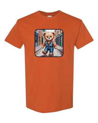 Teddy bear wearing a blue jean outfit with a chain that says teddy walking down the street graphic t-shirt,