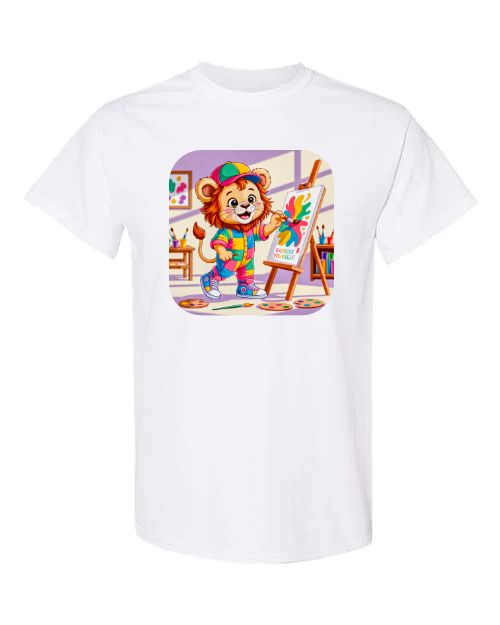 Graphic t-shirt with a lion doing art, short sleeve, crewneck, cotton/polyester kids & adults sizes