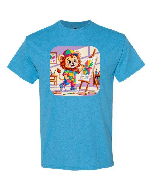 Graphic t-shirt with a lion doing art, short sleeve, crewneck, cotton/polyester kids & adults sizes