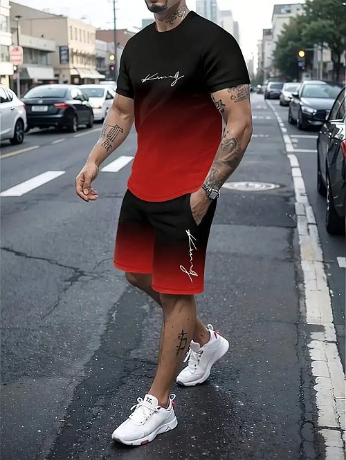 ​Herren Shorts und T-Shirt in Rot-Schwarz NM896718