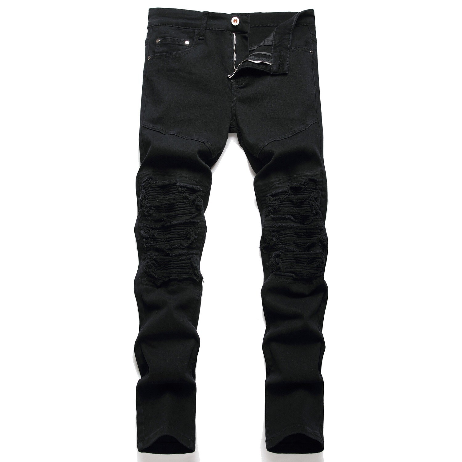 Men's Black Motorcycle Pencil Slim Jeans