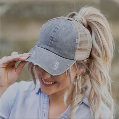 Authentic CC Beanie Criss Cross Distressed Denim Ponytail Hat