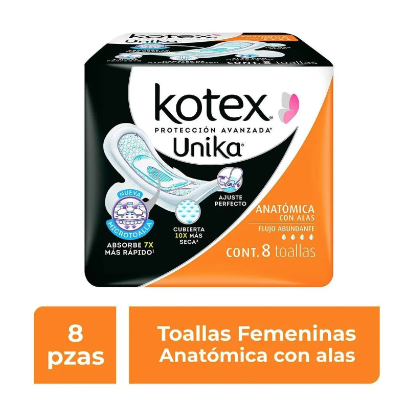 Toallas Femeninas Kotex Unika Con Alas, 8pz.