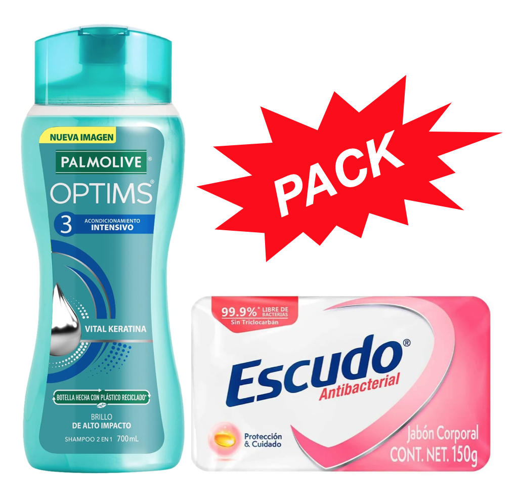 Pack: Jabón en Barra Escudo Antibacterial Protección Y Cuidado 150gms + Shampoo Palmolive Optims Nivel 3 Shampoo 2 En 1  En Tubo Depresible De 700Ml