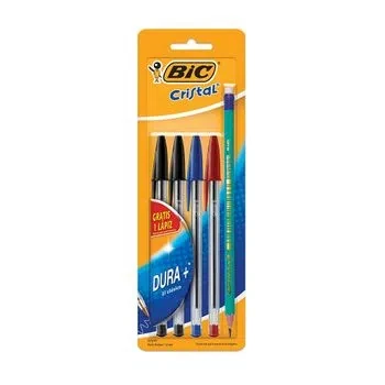 Bolígrafos Bic Cristal Dura+ Punto Mediano Multicolor 4 pzas + Lápiz