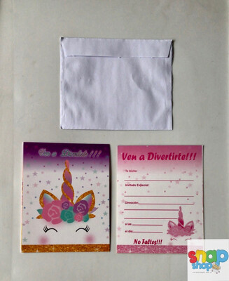 Paquete 10 invitaciones cuadradas Unicornio