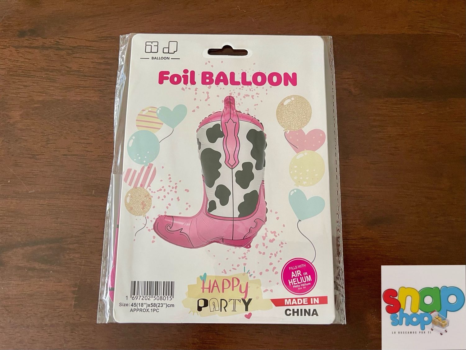 Globo figura bota rosada con manchas de vaca