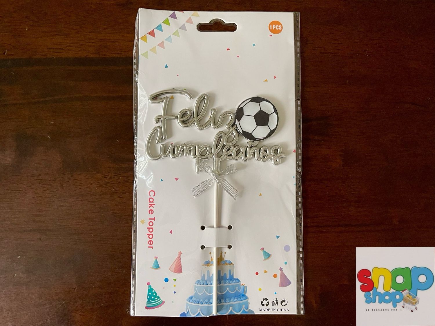 Cake Topper fútbol Feliz cumpleaños plateado y dorado