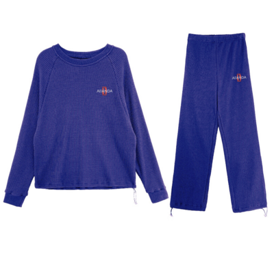 Womens Long-Sleeved Waffle Sweater Ankle-Tied Sweatpants Two-Piece Set - Navy