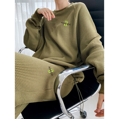 Womens Long-Sleeved Waffle Sweater Ankle-Tied Sweatpants Two-Piece Set - Army Green