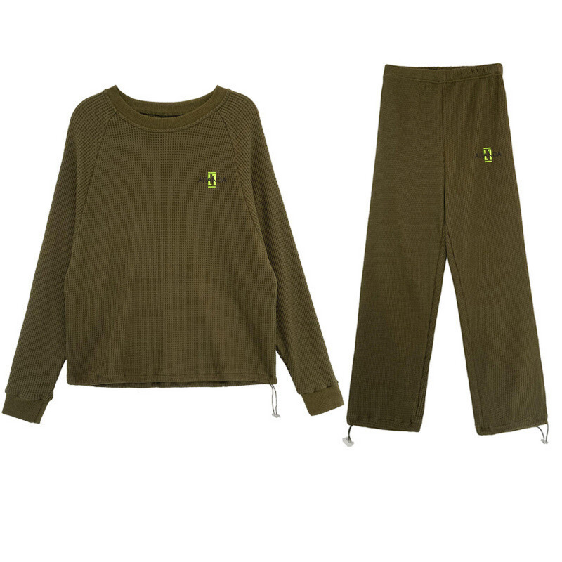 Womens Long-Sleeved Waffle Sweater Ankle-Tied Sweatpants Two-Piece Set - Army Green