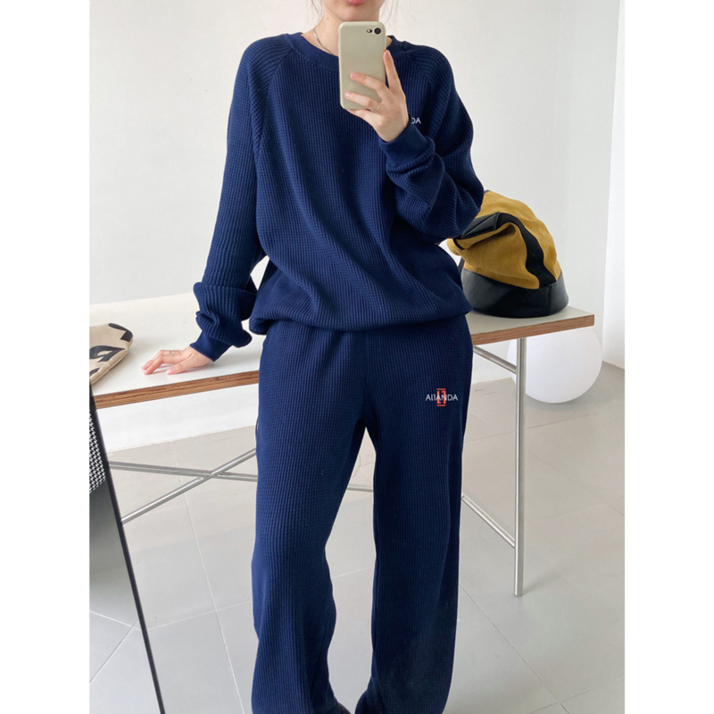 Womens Long-Sleeved Waffle Sweater Ankle-Tied Sweatpants Two-Piece Set - Navy
