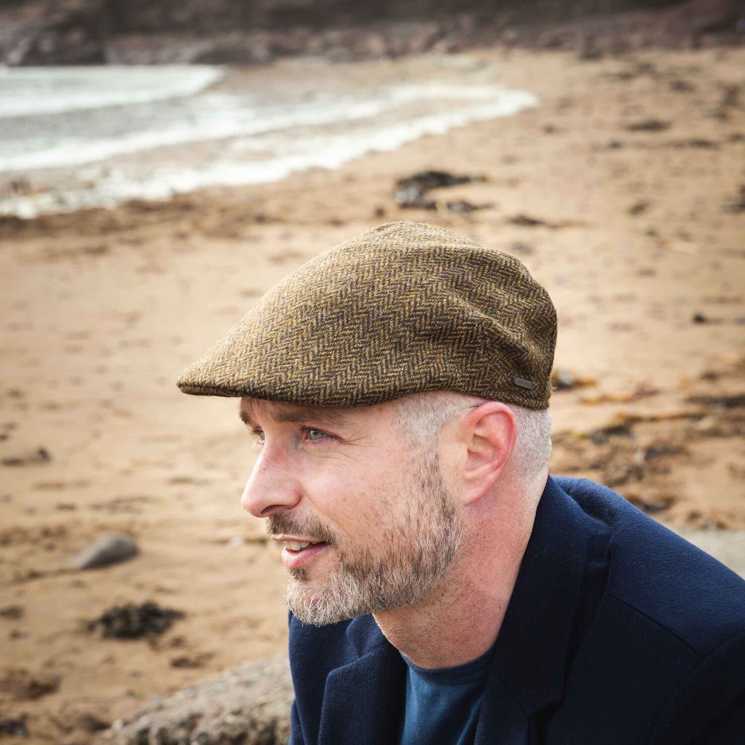 Tweed Sports Cap Beige Dark Brown Herringbone