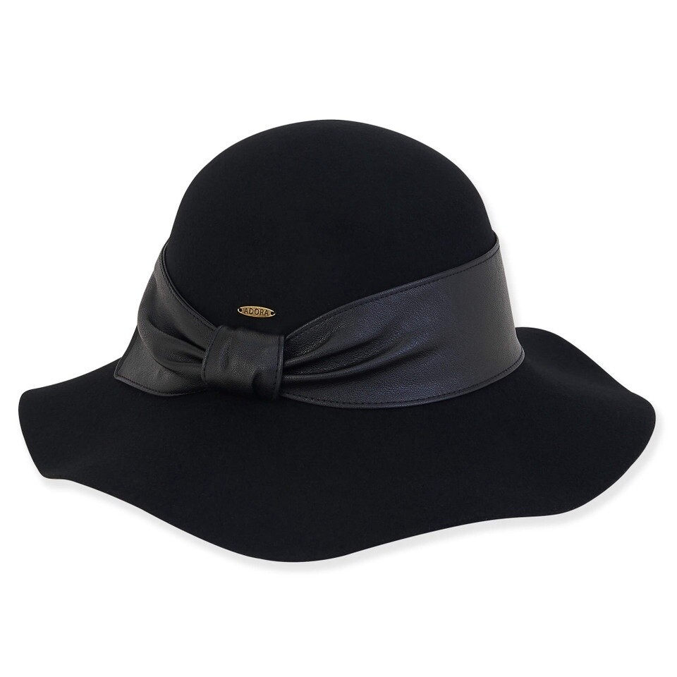 AD1536 Women&#39;s Wool Felt Floppy Faux Leather Trim, Size: O/S, Colour: Black