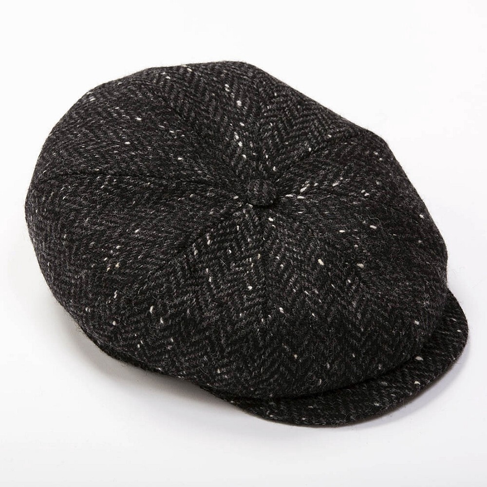 Eight Piece Newsboy Cap Charcoal Black Herringbone Donegal, Size: Small