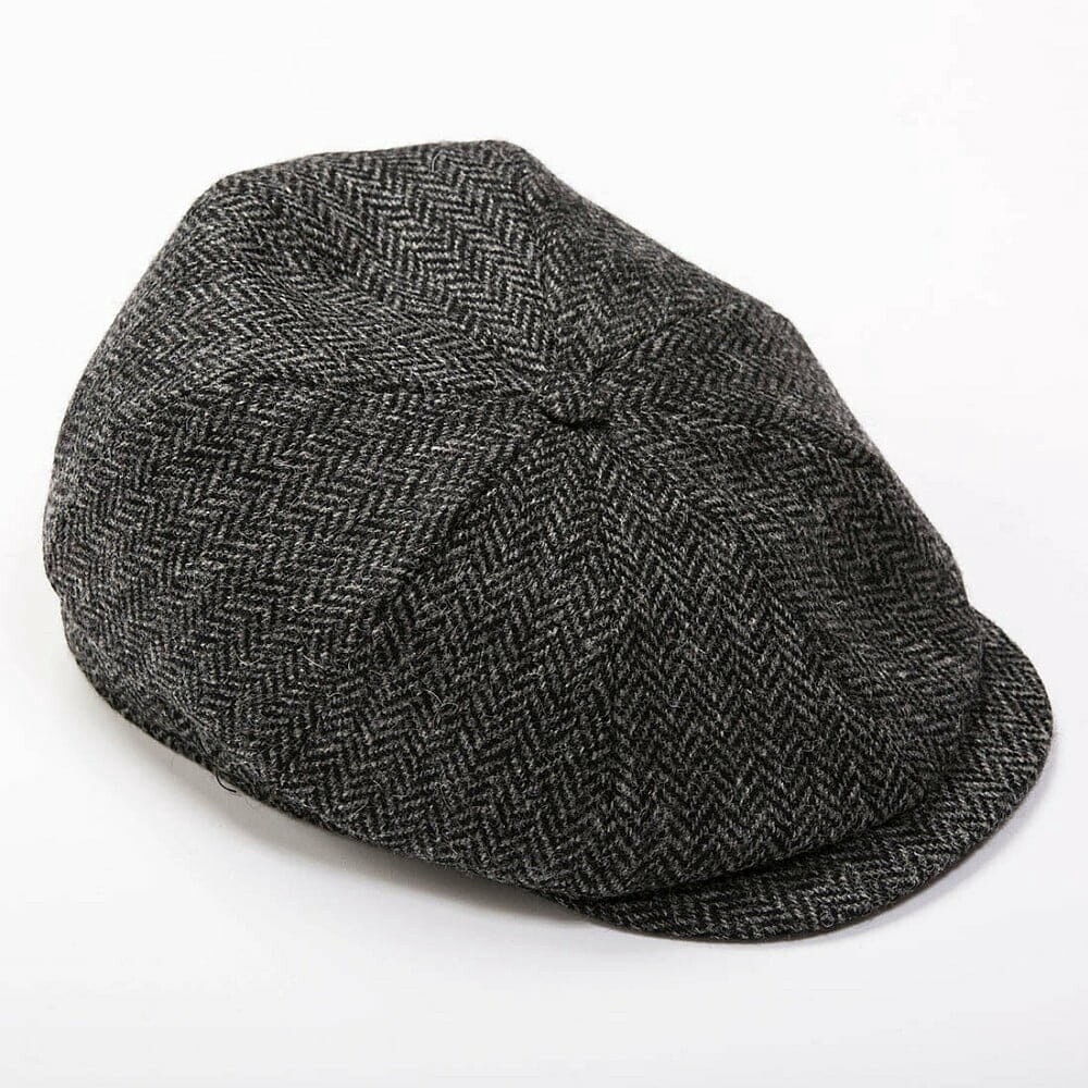 Eight Piece Newsboy Cap Charcoal Grey Herringbone, Size: Small
