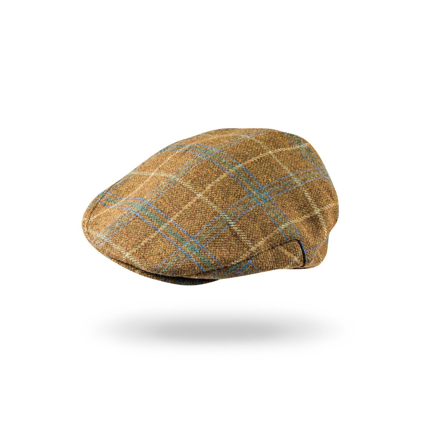 Irish Tweed Cap Olive Green Blue Overcheck, Size: Small