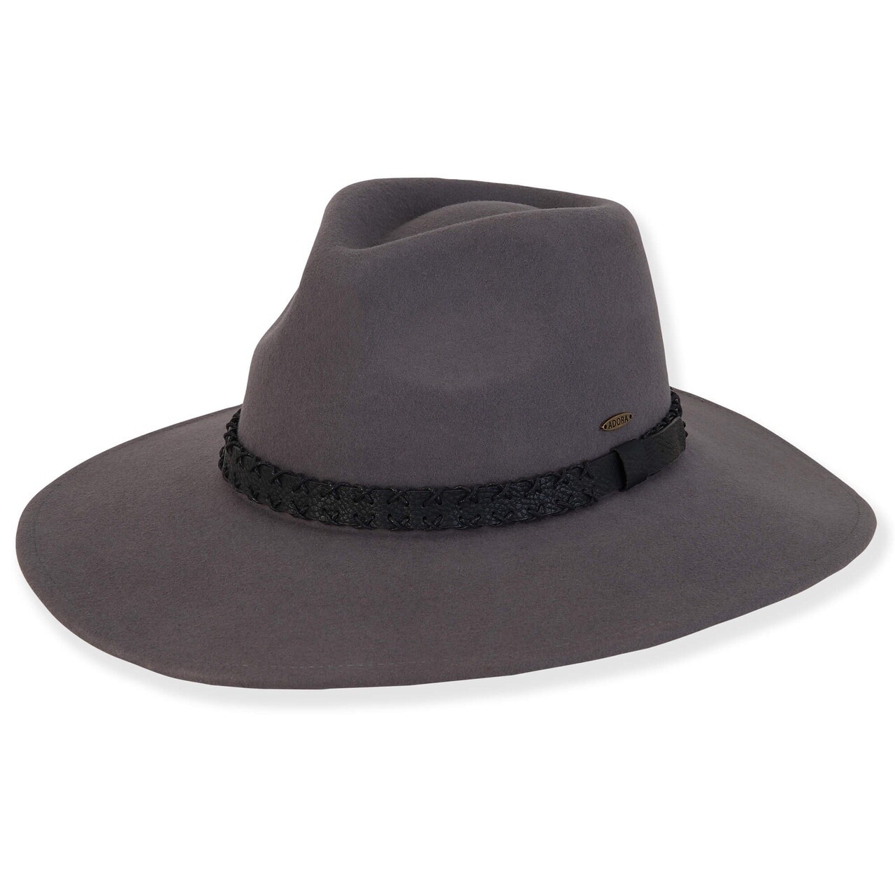 AD1592 Park | Women&#39;s Wool Felt Safari Faux Leather Cross Stitched Trim, Size: One-Size Adjustable, Colour: A Grey