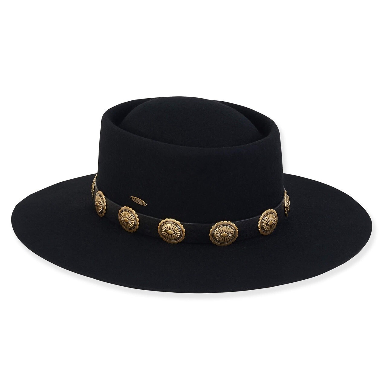 AD1507 Women&#39;s Wool Felt Gambler Faux Leather Concho Trim, Size: O/S, Colour: A Black