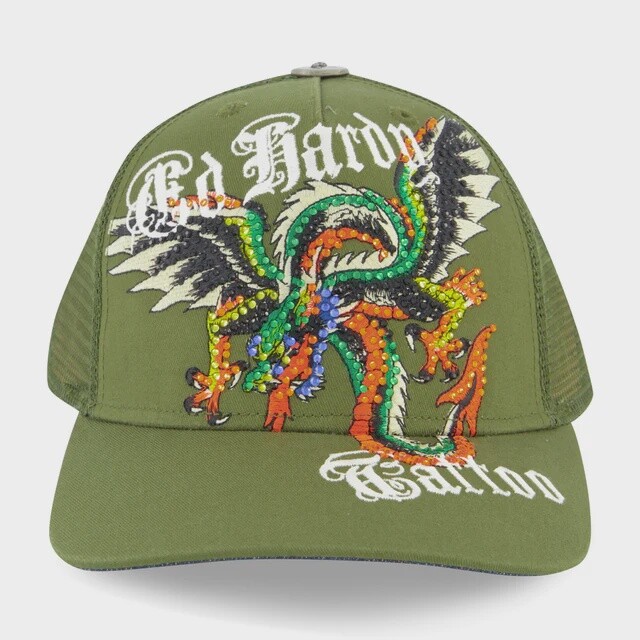 Ed Hardy Rhinestone Dragon Wings Hat - Olive