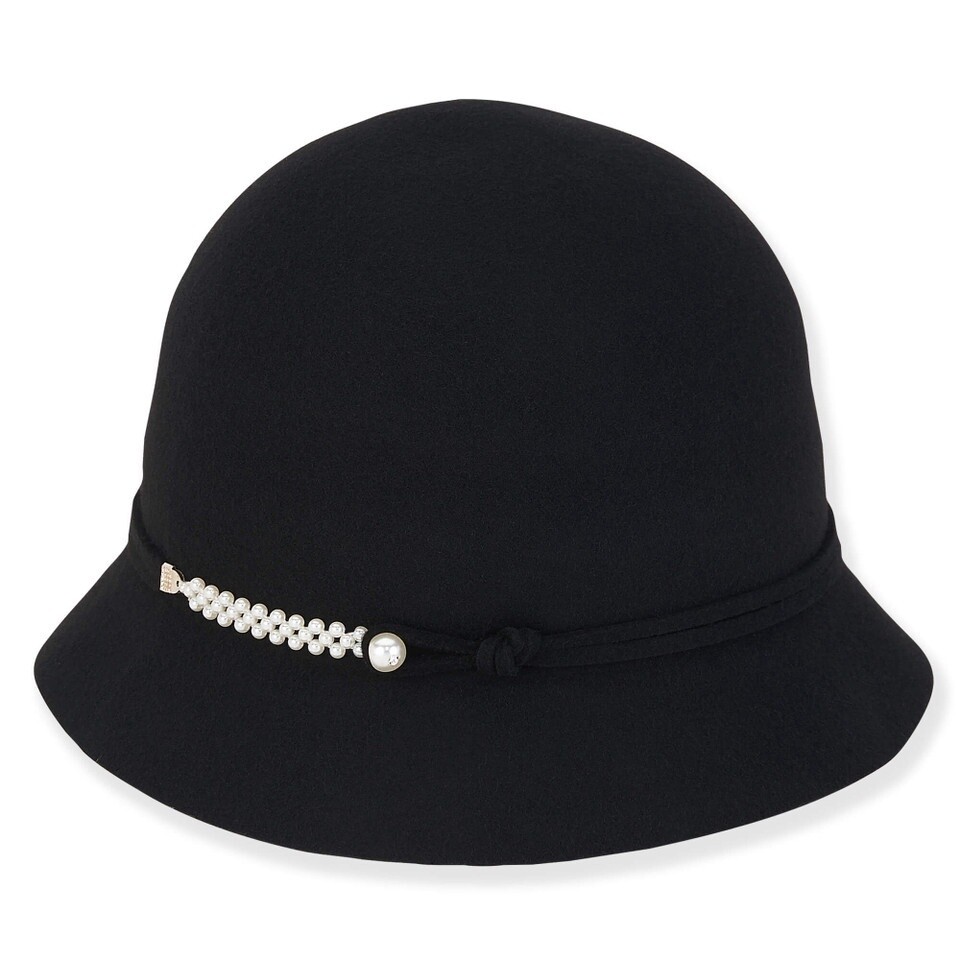 AD1559 | Willow | Women&#39;s Wool Felt Cloche Faux Pearl Accent, Size: OSFM Adjustable, Colour: A Black
