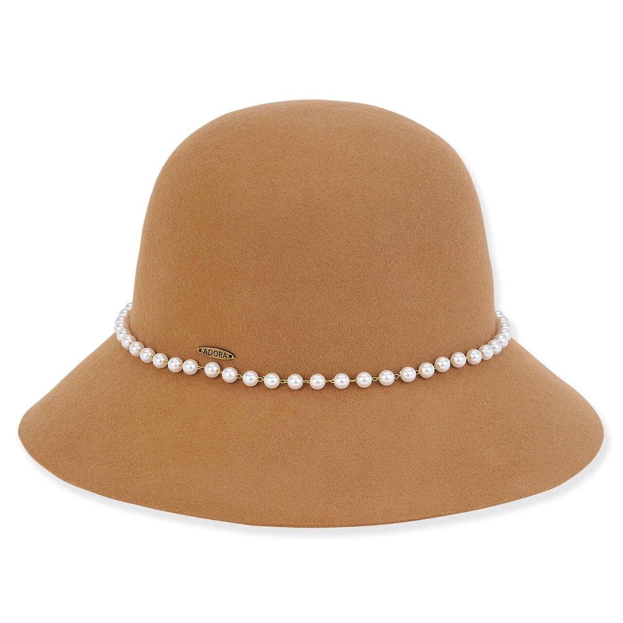 AD1504 | Women&#39;s Wool Felt Bucket Faux Pearl Trim, Size: OSFM Adjustable, Colour: Light Brown