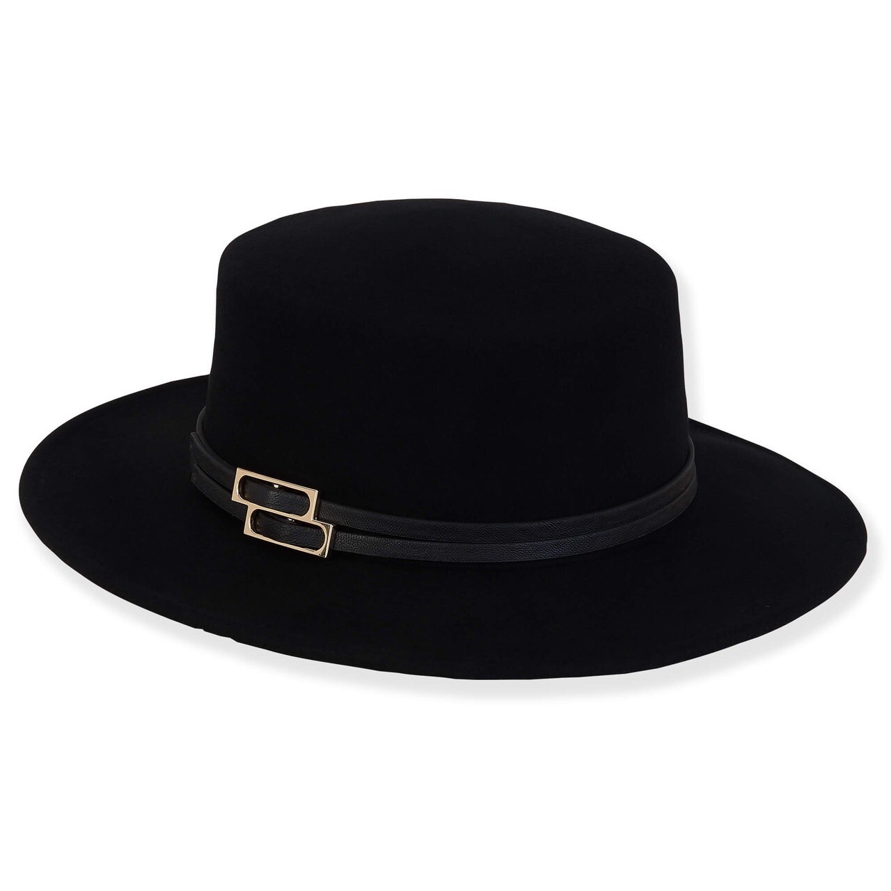 AD1590 | Amber | Women&#39;s Wool Felt Boater Double Faux Leather Trim, Size: O/S Adjustable, Colour: A Black