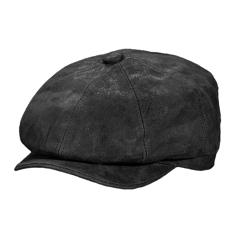 Edison Weathered Leather Newsboy Cap | Scala, Colour: Black, Size: Medium