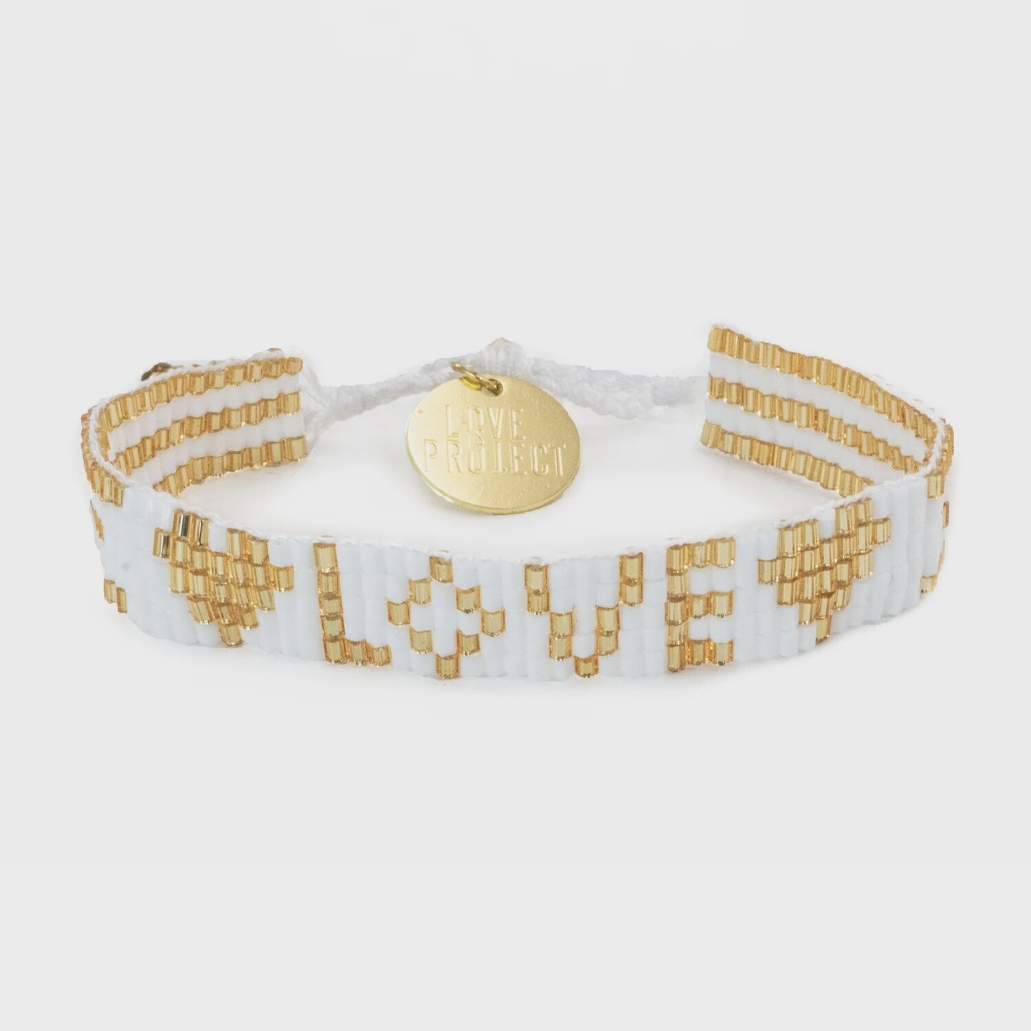 SEED BEAD LOVE WITH HEARTS BRACELET - WHITE &amp; GOLD