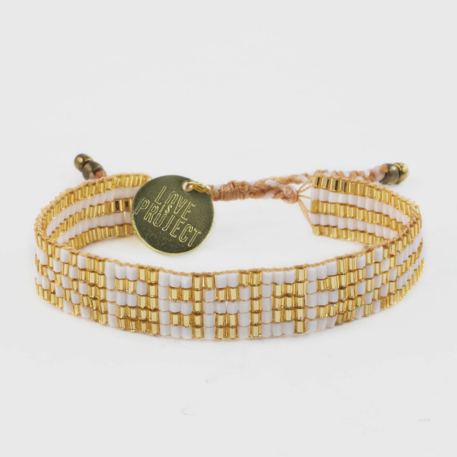 SEED BEAD PEACE BRACELET - GOLD &amp; WHITE