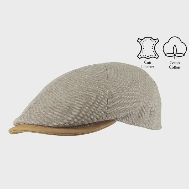 Flat Cotton Cap with Leather Visor - 1E457BIS, Colour: Cognac, Size: 57cm Medium
