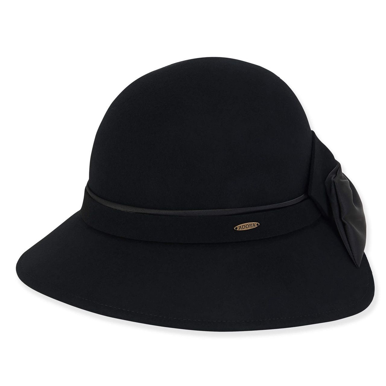 AD1430 Wool Felt Cloche Self Color Satin Bow Trim, Colour: A Black