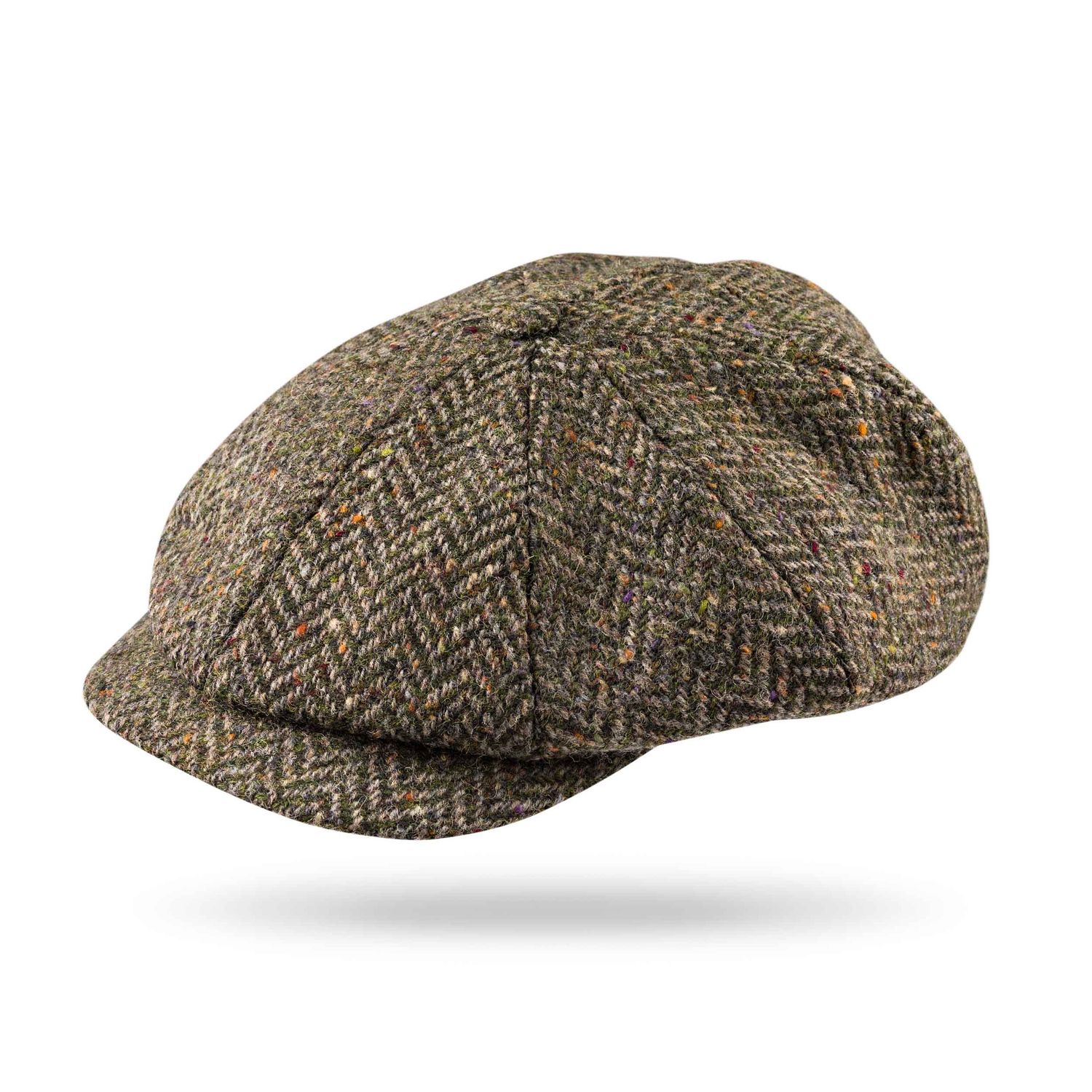 Eight Piece Newsboy Cap Brown Green Donegal Herringbone, Size: Small