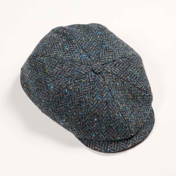 Eight Piece Newsboy Cap Blue Green Donegal Herringbone, Size: Small