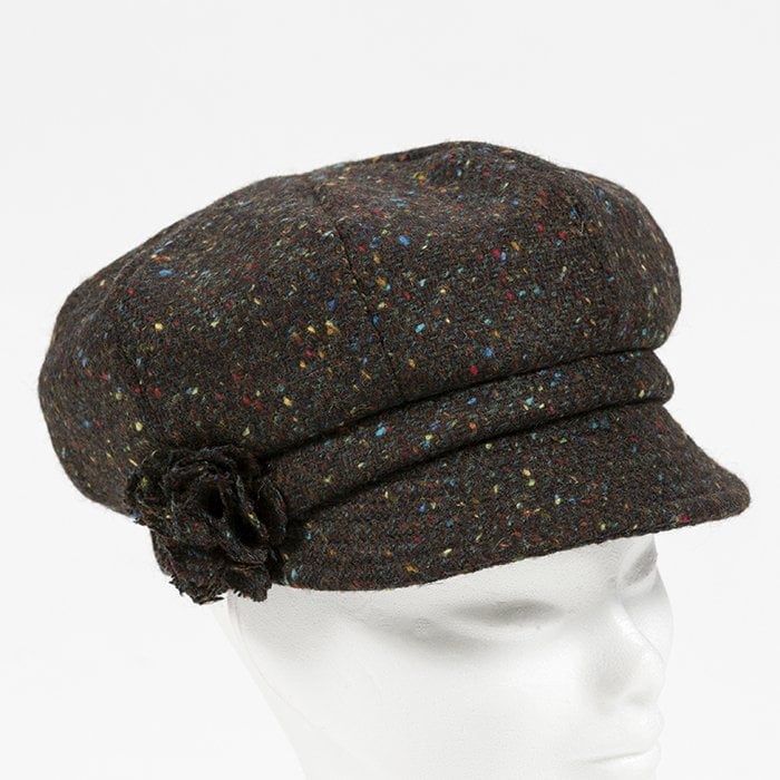 Irish Ladies Tweed Hat Brown Turquoise Herringbone Donegal (With Rosette), Size: Small