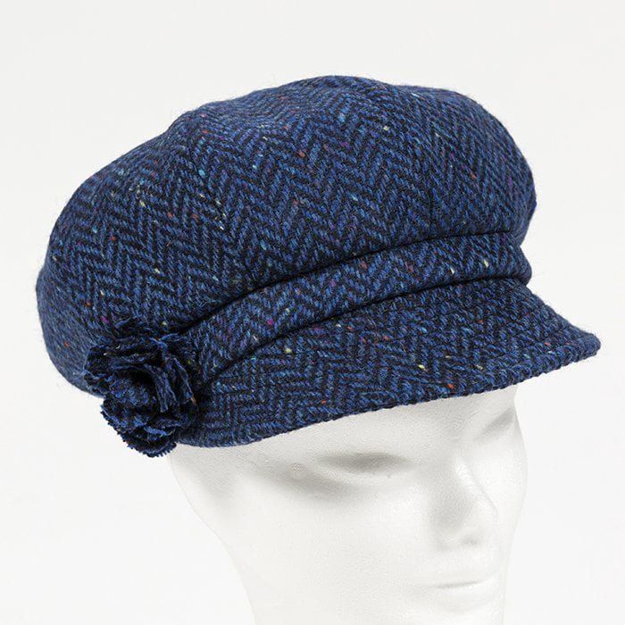 Irish Ladies Tweed Hat Royal Blue Navy Herringbone Donegal (With Rosette), Size: Small