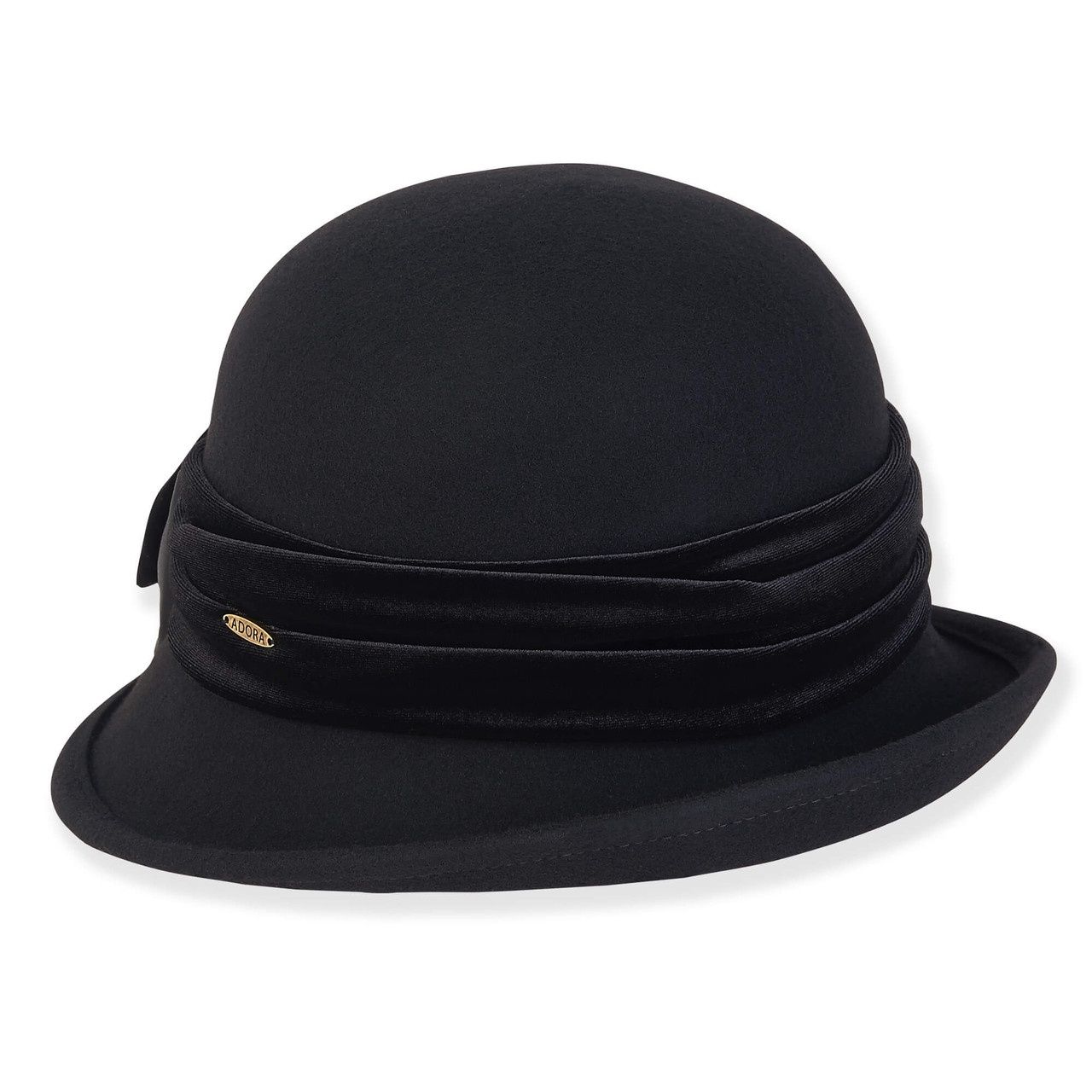 AD1560 | Raine | Women's Wool Felt Cloche Velvet Trim, Colour: A Black, Size: OSFM Adjustable