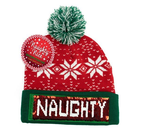 Naughty or Nice Sequin Pom Hat, Colour: Naughty, Size: O/S