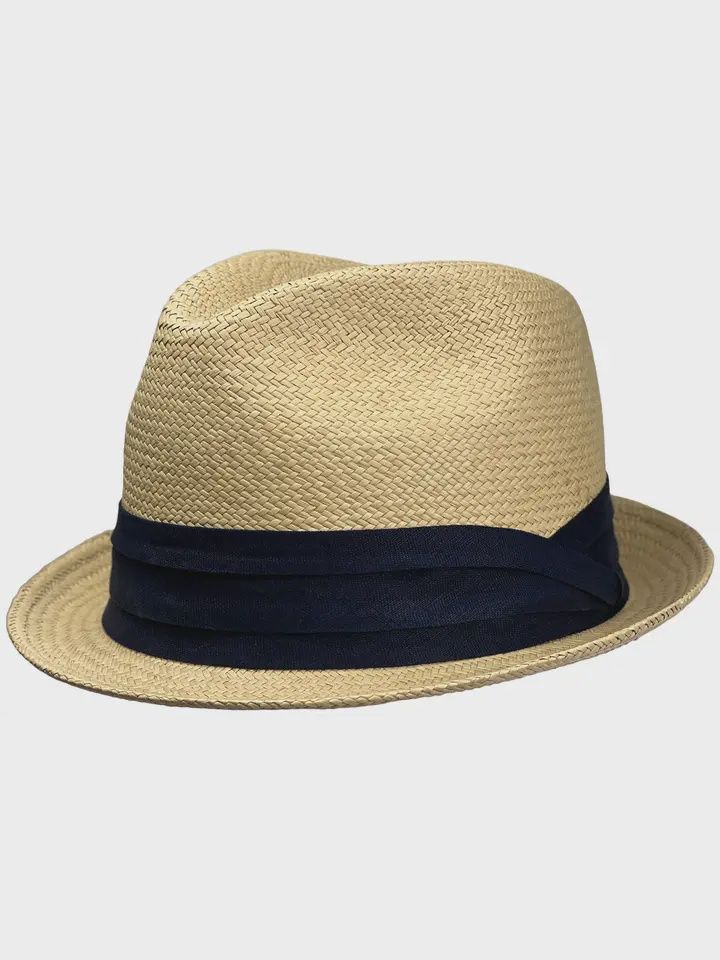 Ray Genuine Handwoven Panama Fedora, Colour: Natural/Navy, Size: S/M