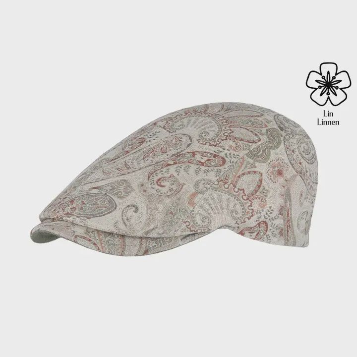 Linen Flat Cap with Cashmere Pattern - 1E380, Colour: Khaki Paisley, Size: 57cm Medium